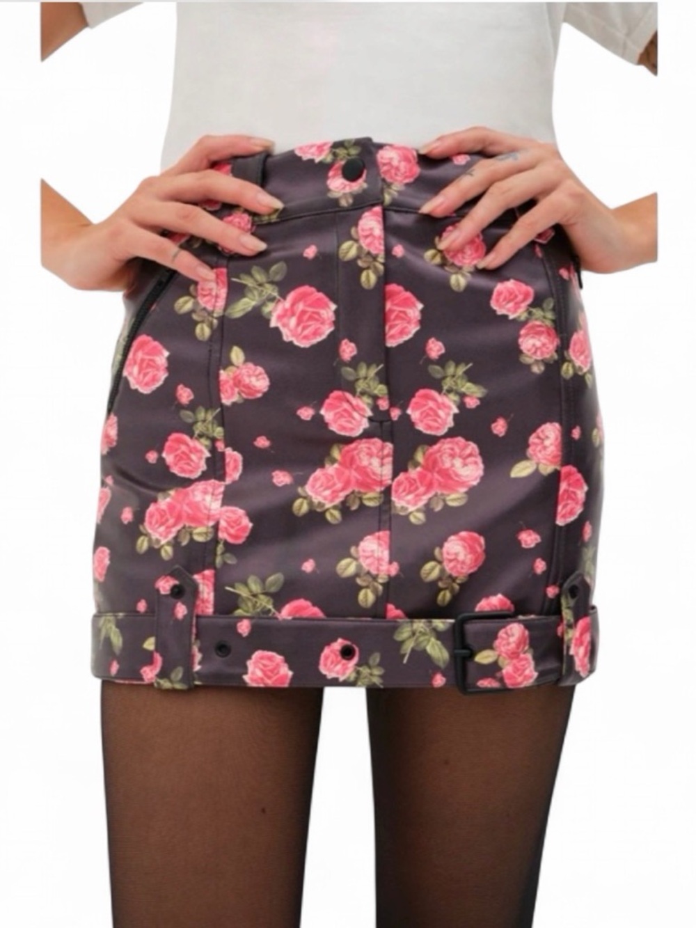 For Love & Lemons Wren Mini Skirt - Rose Print Faux Leather Small